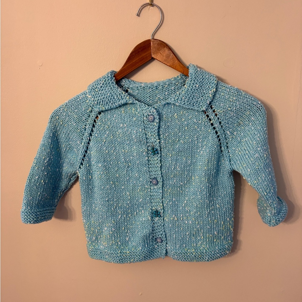New Hand Knit Turquoise Girls Cardigan